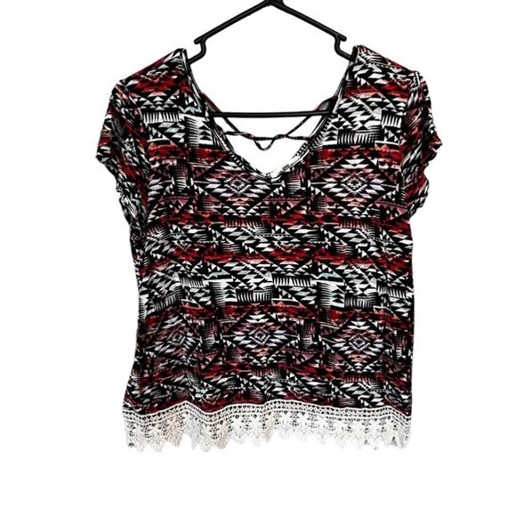 HIPPIE ROSE Red Black White Aztec Crochet Trim Criss Cross Back Top Size Large - Picture 1 of 10